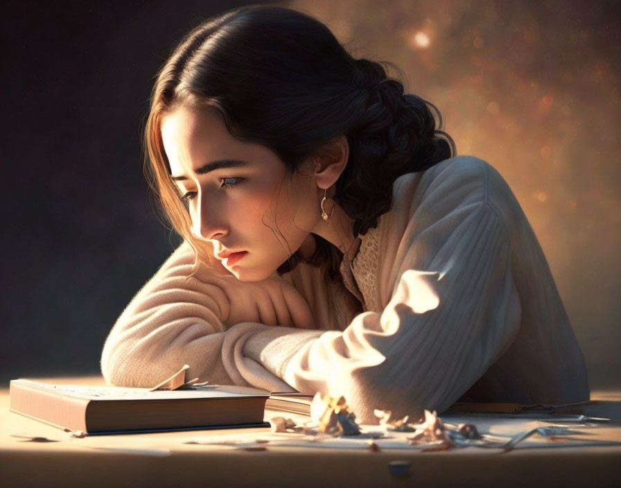 Woman resting cheek on hand with open book and pencil shavings under warm light