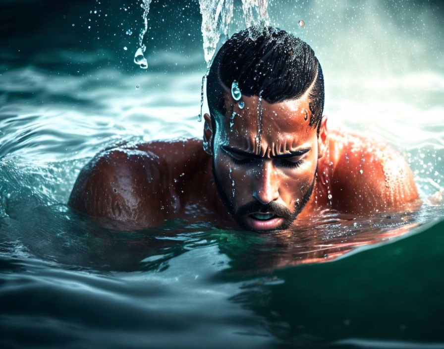 Man swimming with water droplets on face