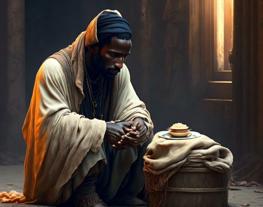 Historical robed man inspecting grains beside produce sack under warm lighting