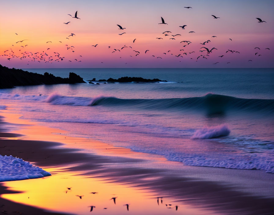 Scenic beach sunset with purple sky, gentle waves, and flying birds