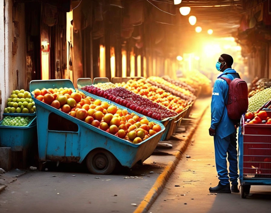 Person in mask near fruit carts in sunny market alley