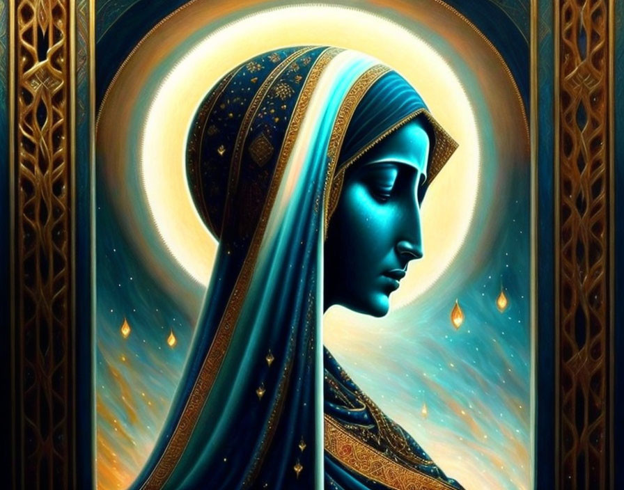 Veiled Figure in Blue and Gold Garments on Patterned Background