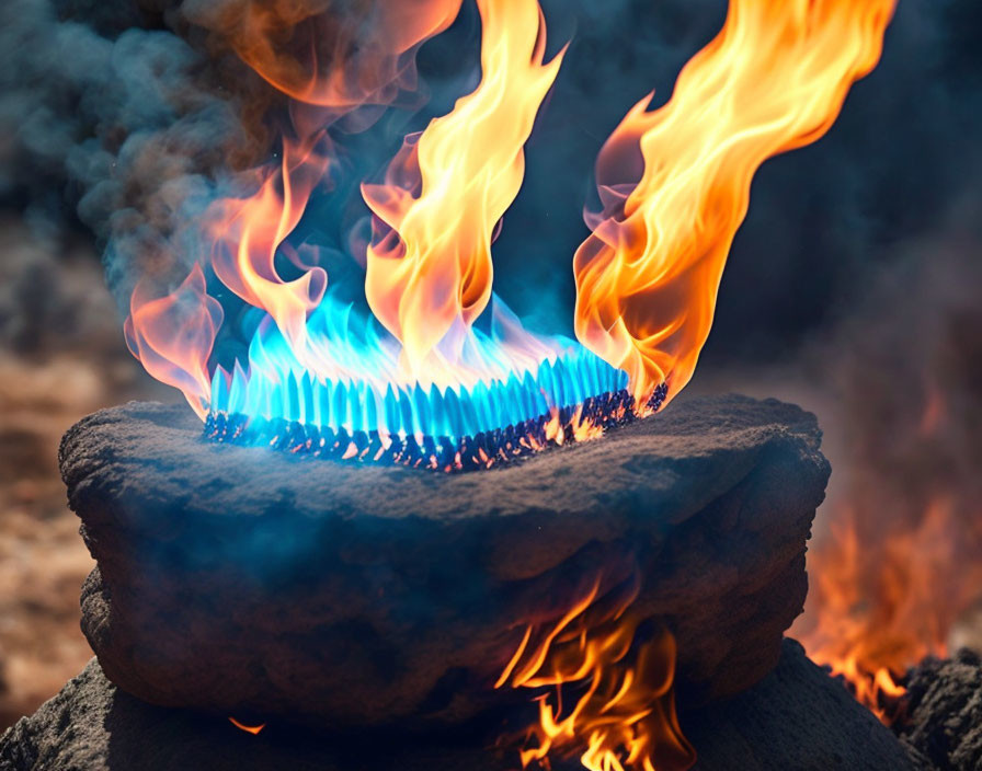 Bright blue flames engulf metal object on rocks with smoke and blurred background