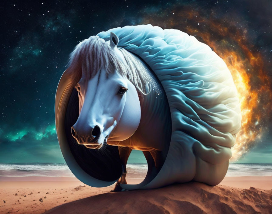 White horse transforming into ocean wave against night sky and sandy beach.