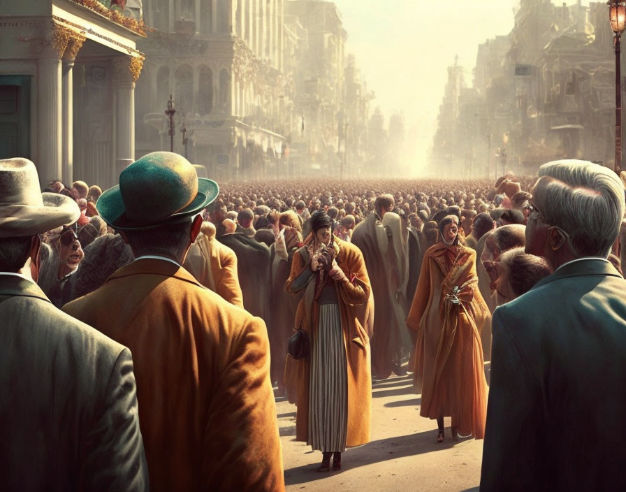 Historical city street with elegantly dressed people under warm sunlight