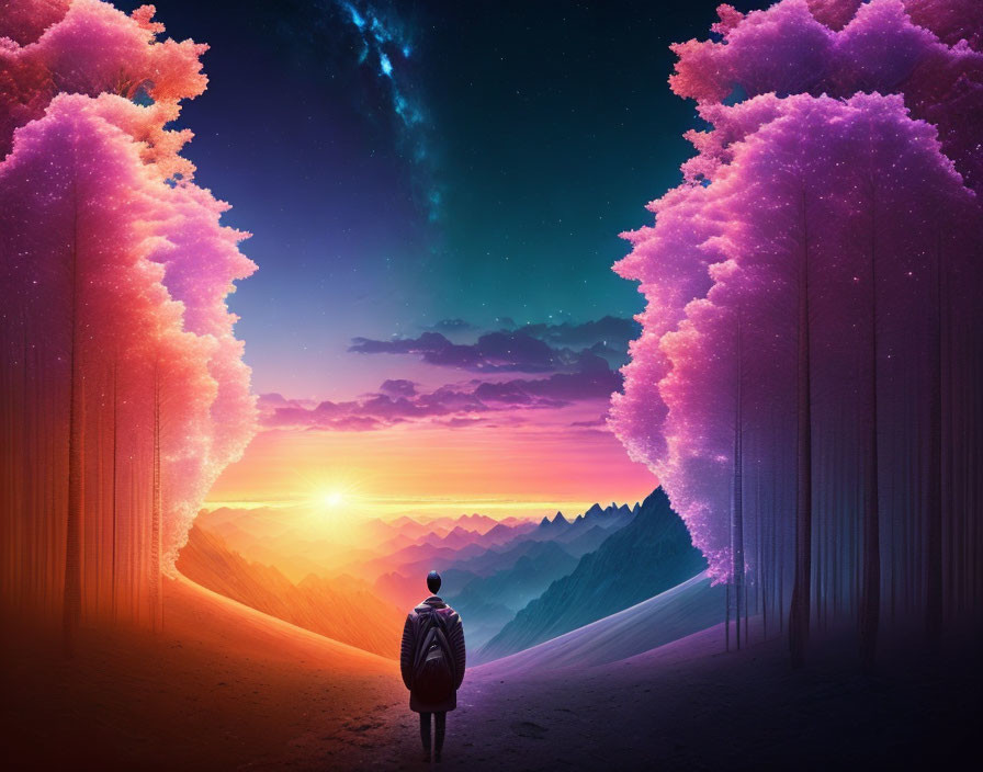 Surreal landscape with vibrant sunset skies and glowing pink trees