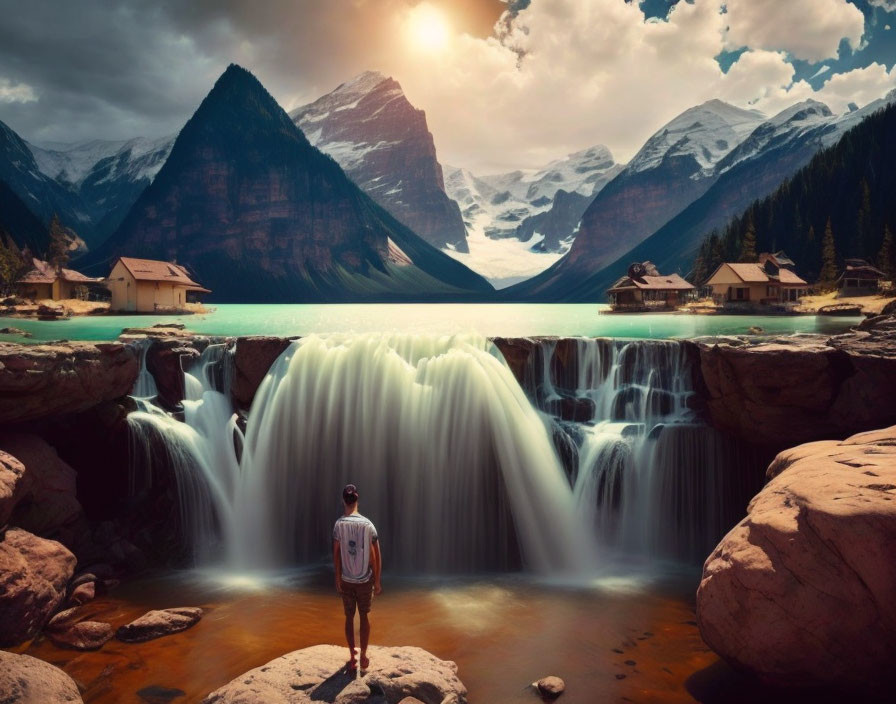 Person standing before majestic waterfall, lake, mountains, and village at dusk