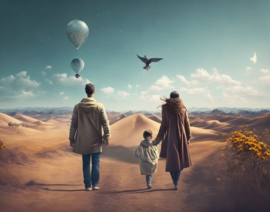 Family walking towards hot air balloons in surreal desert landscape