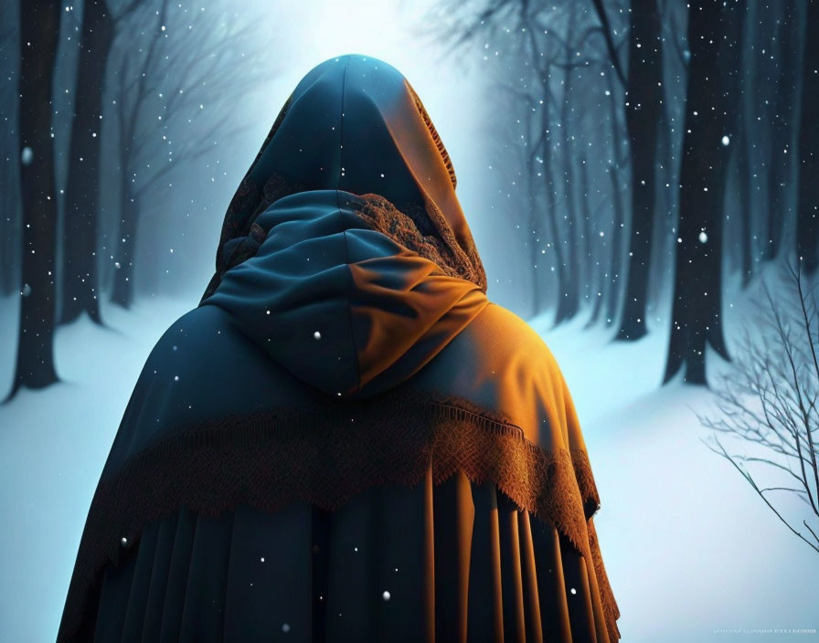 Cloaked figure in snowy forest with illuminated snowflakes