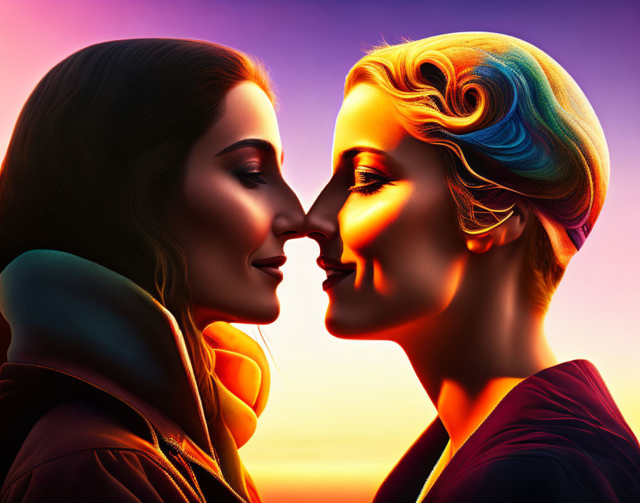 Stylized women in digital art with colorful sunset background