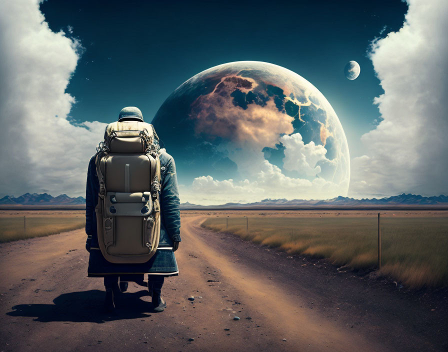 Person with large backpack on road gazes at surreal planet and moon over desert landscape