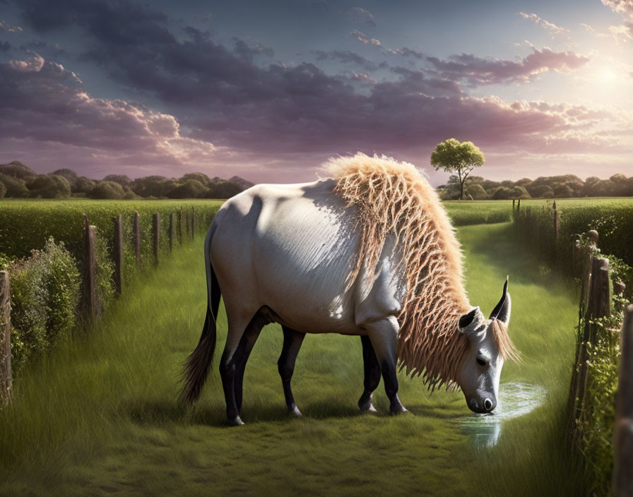 Majestic horse with thick mane drinking water in serene sunset field