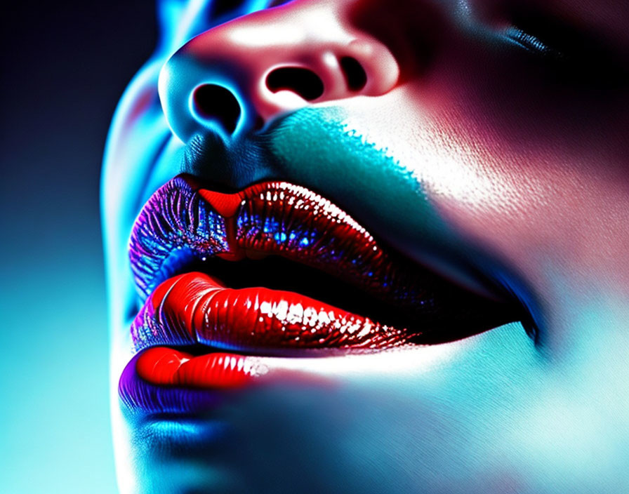 Person with Red and Blue Glossy Lipstick on Dark Background