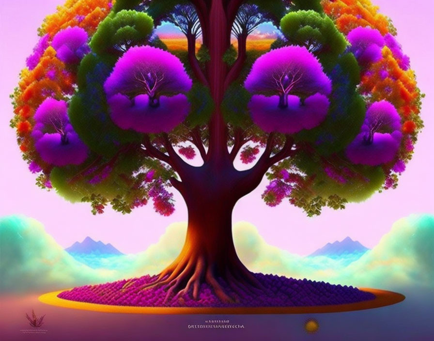 Surreal purple tree on floating island with pink sky