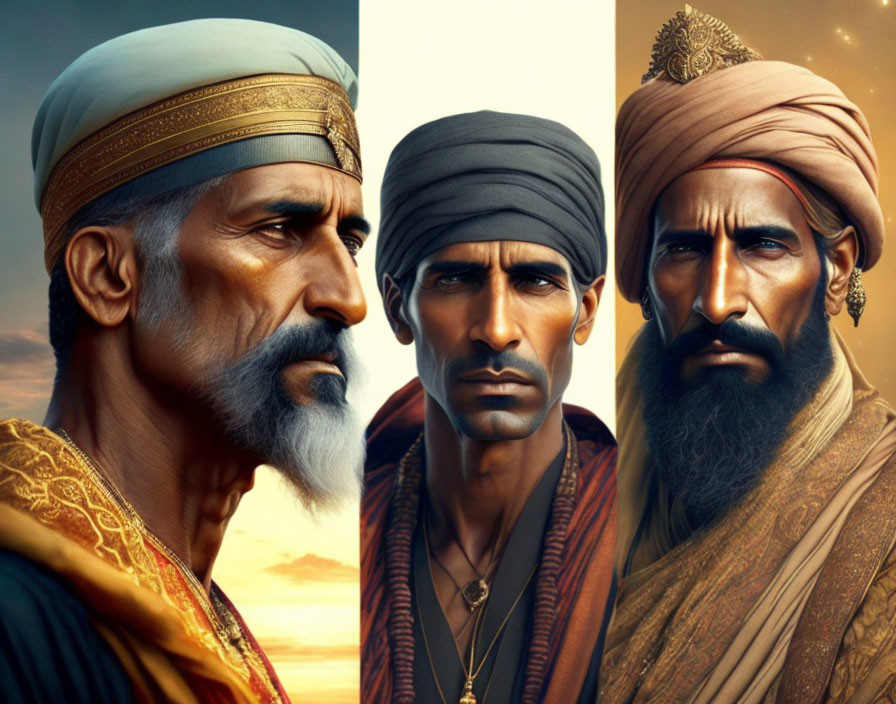 Illustrated men in traditional headgear with serious expressions