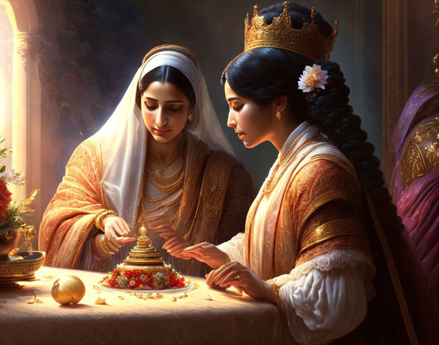 Historical Indian royal women in traditional attire examining ornate object