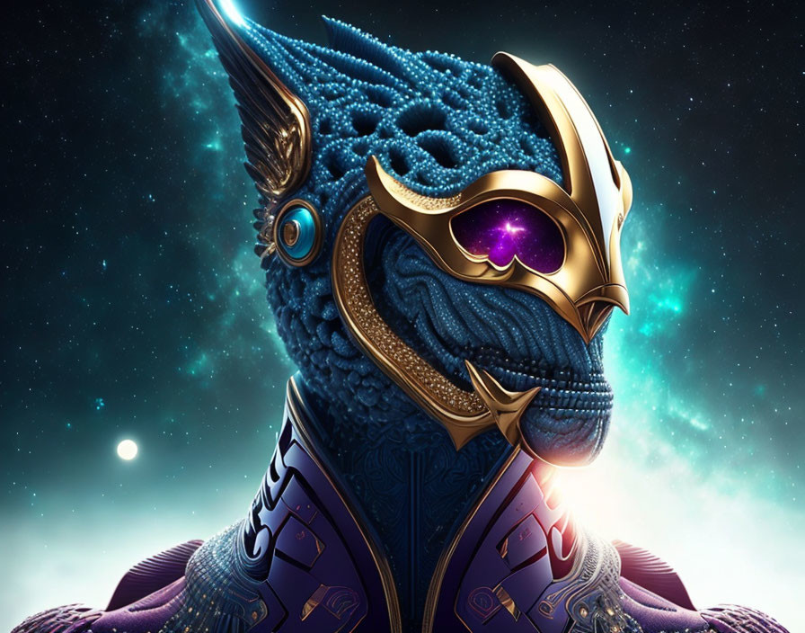 Detailed Digital Artwork: Blue Alien in Golden Armor on Cosmic Background