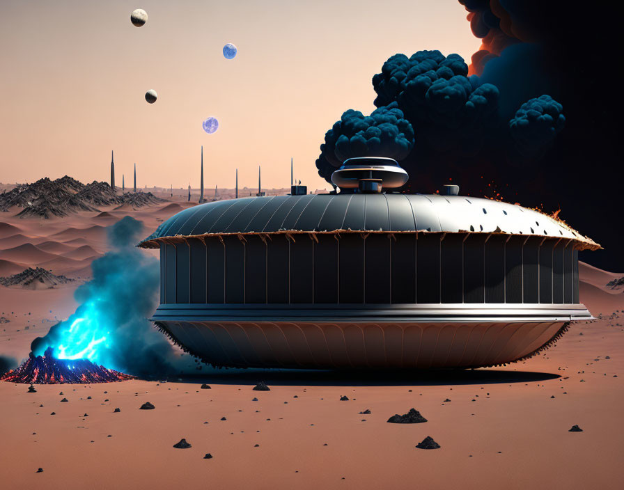 Futuristic spaceship on barren desert planet with blue flames and alien sky