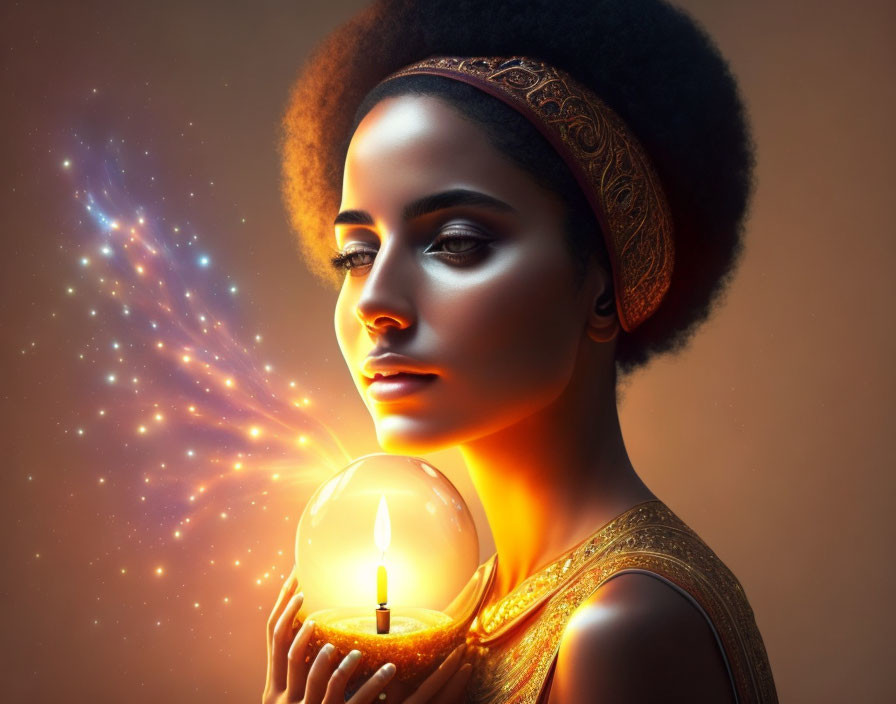 Woman with Afro holding glowing candle and mystical burst of light