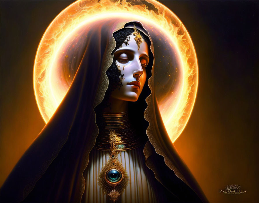 Mystical female figure with ornate headdress and glowing halo