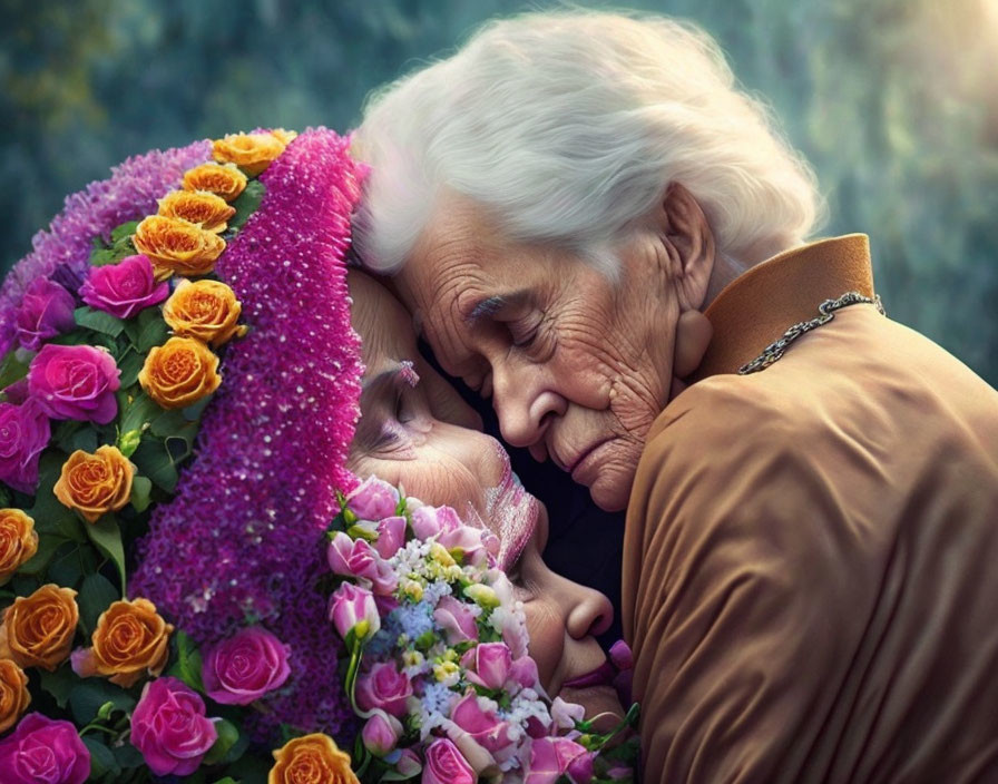 Elderly woman with colorful flower wreath in moment of sorrow.