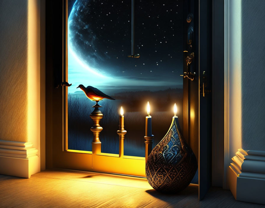 Crow perched on windowsill at night with lit candles and full moon in tranquil landscape.