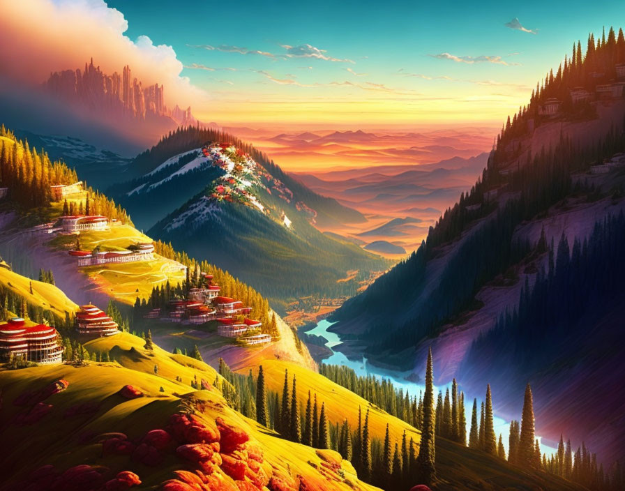 Fantasy landscape with layered mountains, river valley, and cliffside buildings at sunset