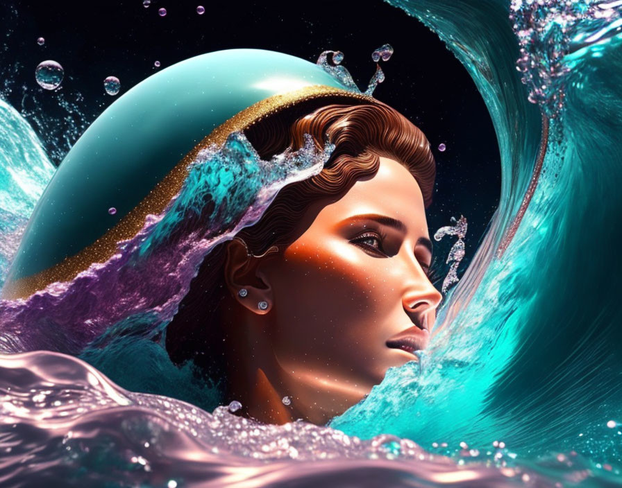 Surreal digital artwork: Woman's profile in water with splashes.