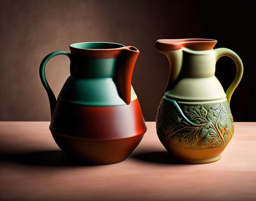 Colorful Glazed Ceramic Pitchers with Leaf Patterns on Wooden Table