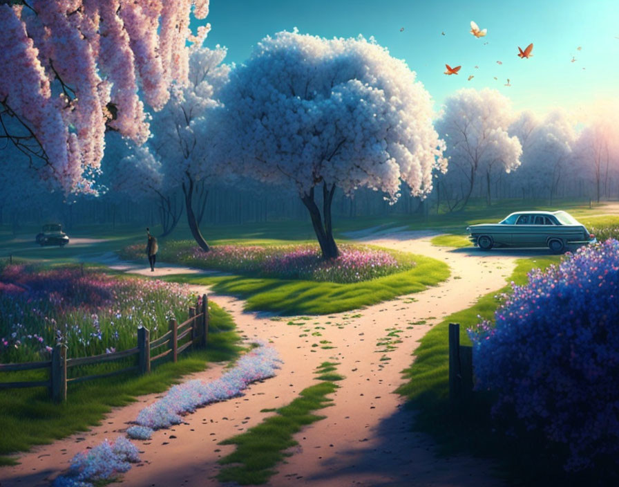 Tranquil landscape with blossoming trees, winding path, vibrant flowers, birds, and classic car