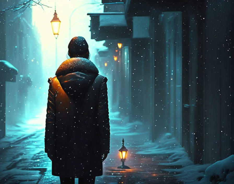 Person in winter coat and hat in snow-covered alley with glowing street lamps.