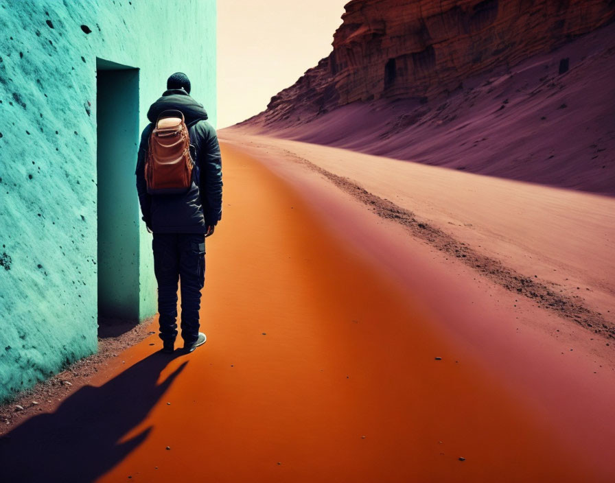 Backpacker by turquoise wall gazes at desert cliffs