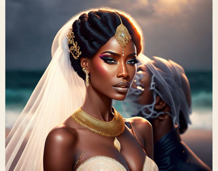 Bride illustration with intricate hairstyles, gold jewelry, bold makeup, white veil, seascape background