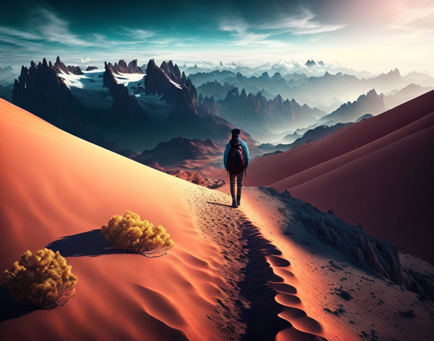 Traveler with backpack walking on desert dune near surreal mountains at twilight