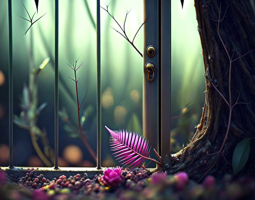 Purple feather, scattered seeds, tree trunk, mystical forest, golden doorknob gate