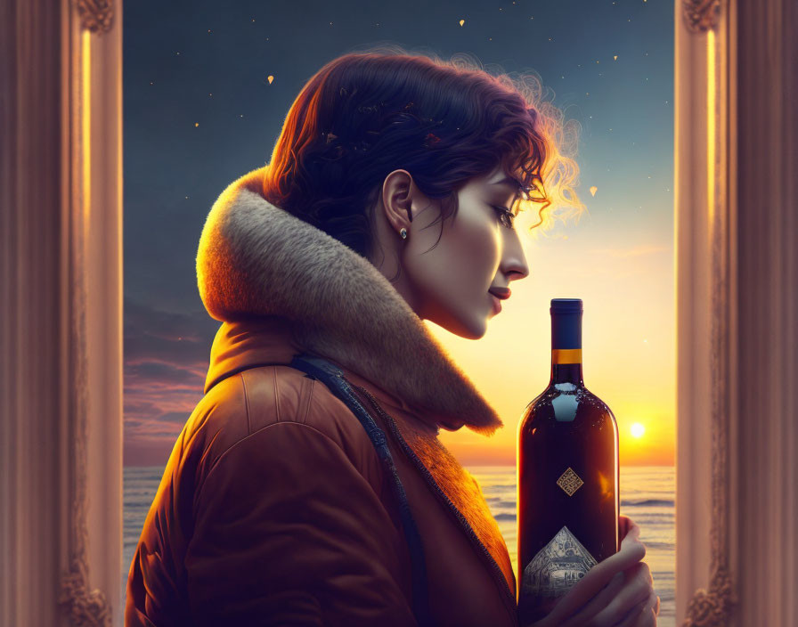 Woman in warm jacket gazes at sunset through window with twinkling stars