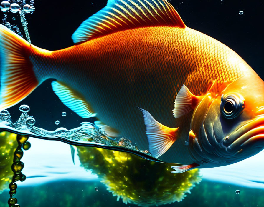 Striped orange fish swimming among underwater plants and air bubbles