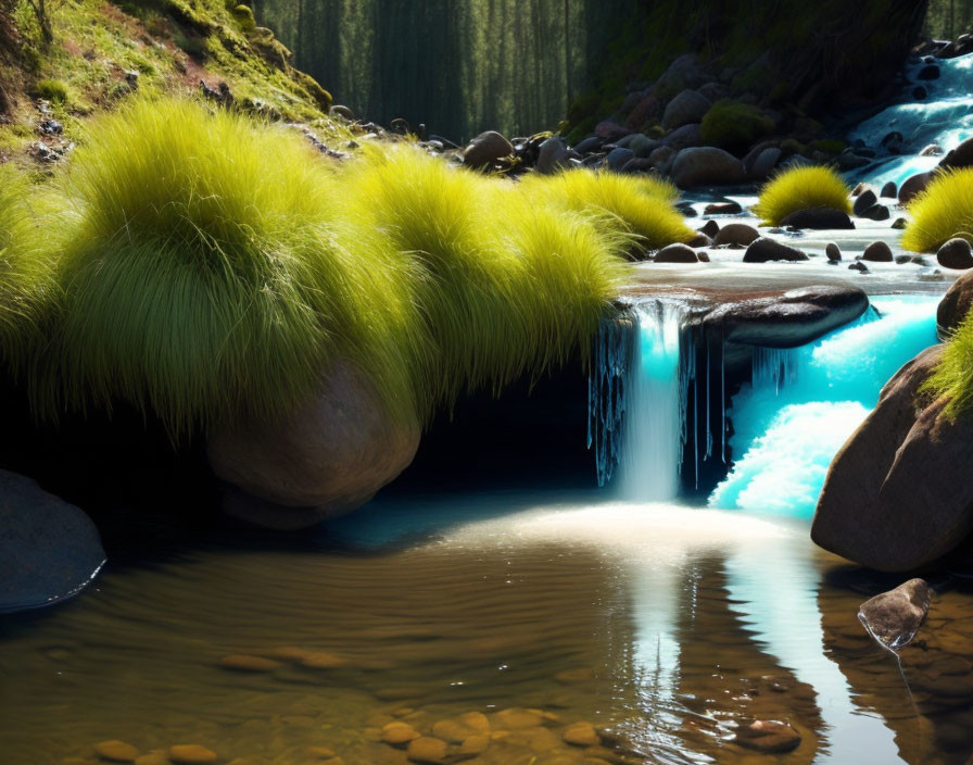 Tranquil creek with small waterfall, green grass, rocks, and dappled sunlight