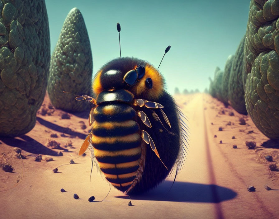 Stylized oversized bee with reflective sunglasses on dirt road