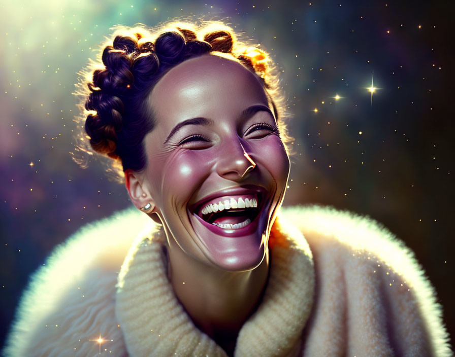 Joyful woman with braided hair smiling against starry background