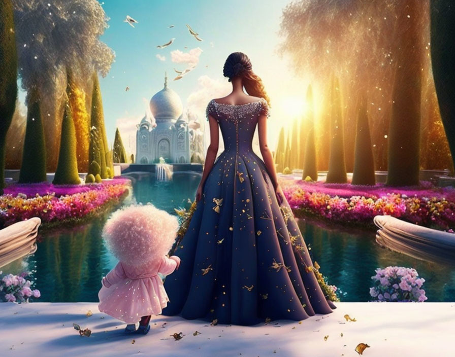 Woman and child in blue gown at grand palace in magical garden.