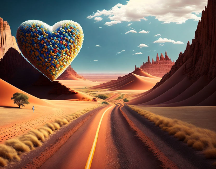 Heart-shaped balloon made of smaller balloons floats above desert road with person gazing at it against backdrop of