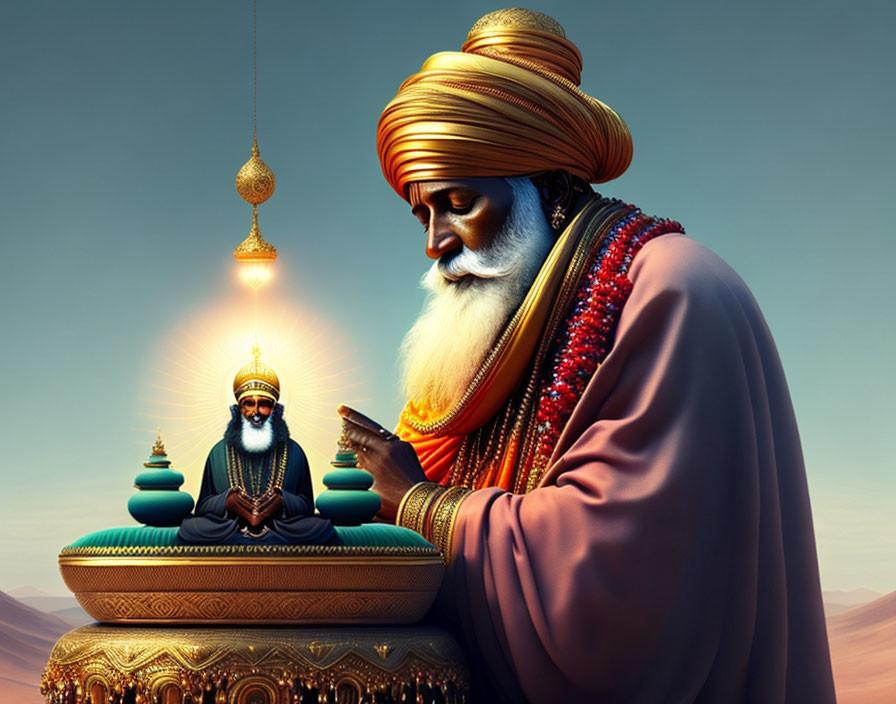 Illustrated man with turban and beard gazes at smaller figure in glowing aura in desert scene