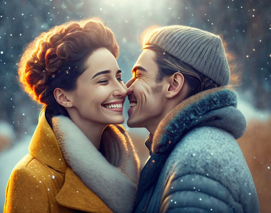 Happy couple in winter clothes touching noses in gentle snowfall