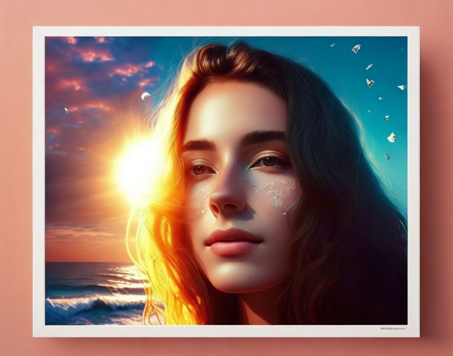 Digital artwork: Woman with flowing hair, sunset over ocean, bird silhouettes