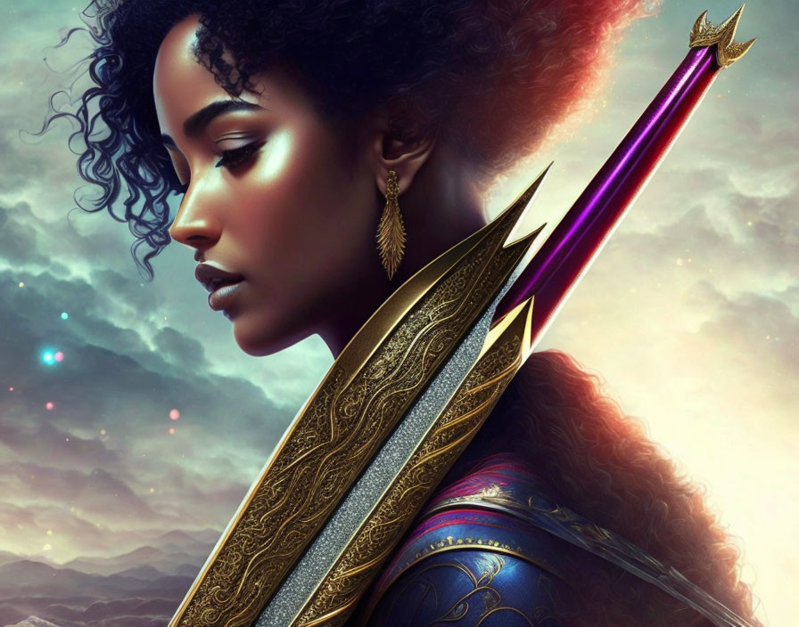 Digital artwork of woman with ornate sword and glowing purple blade against celestial sky