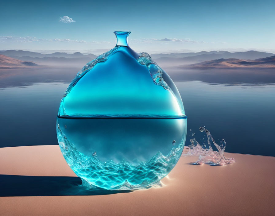 Surreal image: Glass flask in water, desert backdrop