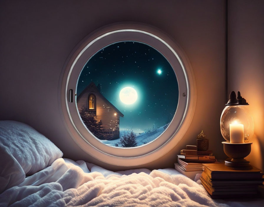 Cozy bedroom with round window: Full moon, starry sky, snow, candle lantern, books