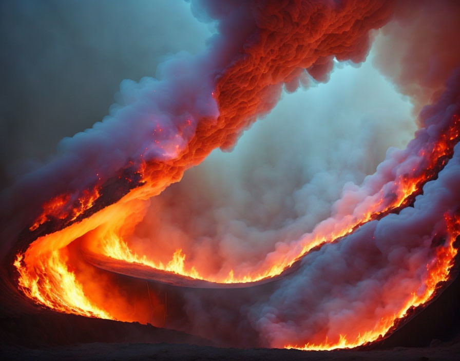 Volcanic eruption with swirling lava and billowing smoke