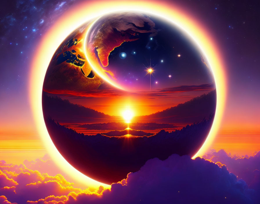 Colorful digital artwork: Massive planet, surreal landscape, shining star, vivid sunrise